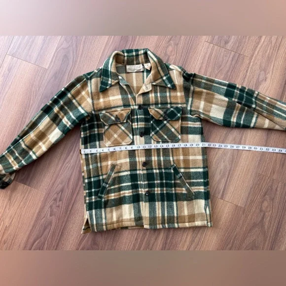 Vintage 60’s Men’s M L.L. Bean Wool Plaid Shirt Jacket Freeport Maine Tan Green - Picture 13 of 16